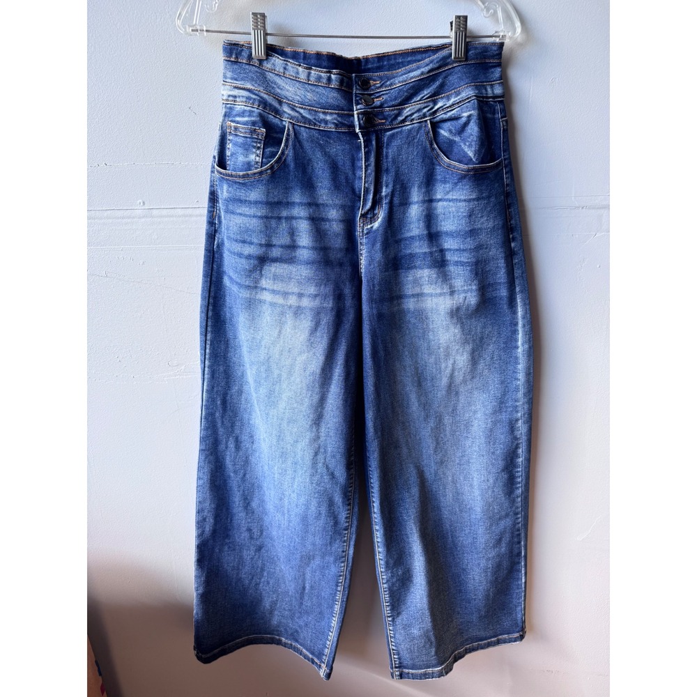 ROSWEAR High Waisted Wide Leg Jeans Medium Wash Triple Button Size L